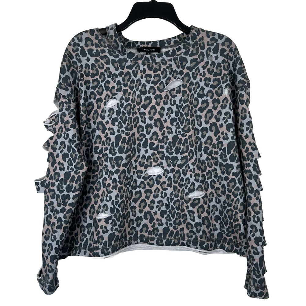 Lea & Viola Distressed Animal Print Top Cut Out Neck & Arms Boxy Womens M Gray
